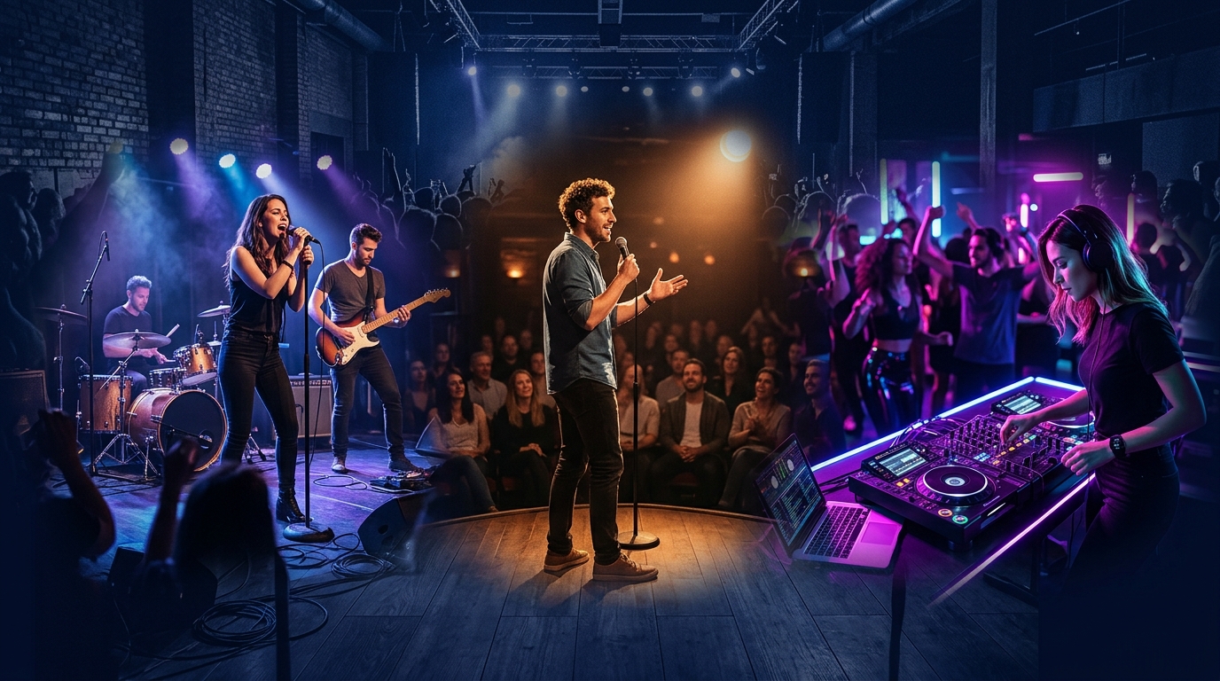 Koncert, comedy színpad és DJ pult kollázsa egy képen