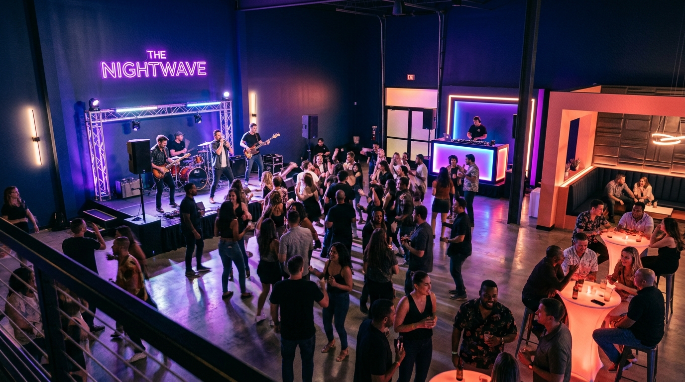 Közönség élő zenét és DJ fényeket élvez egy modern venue-ben
